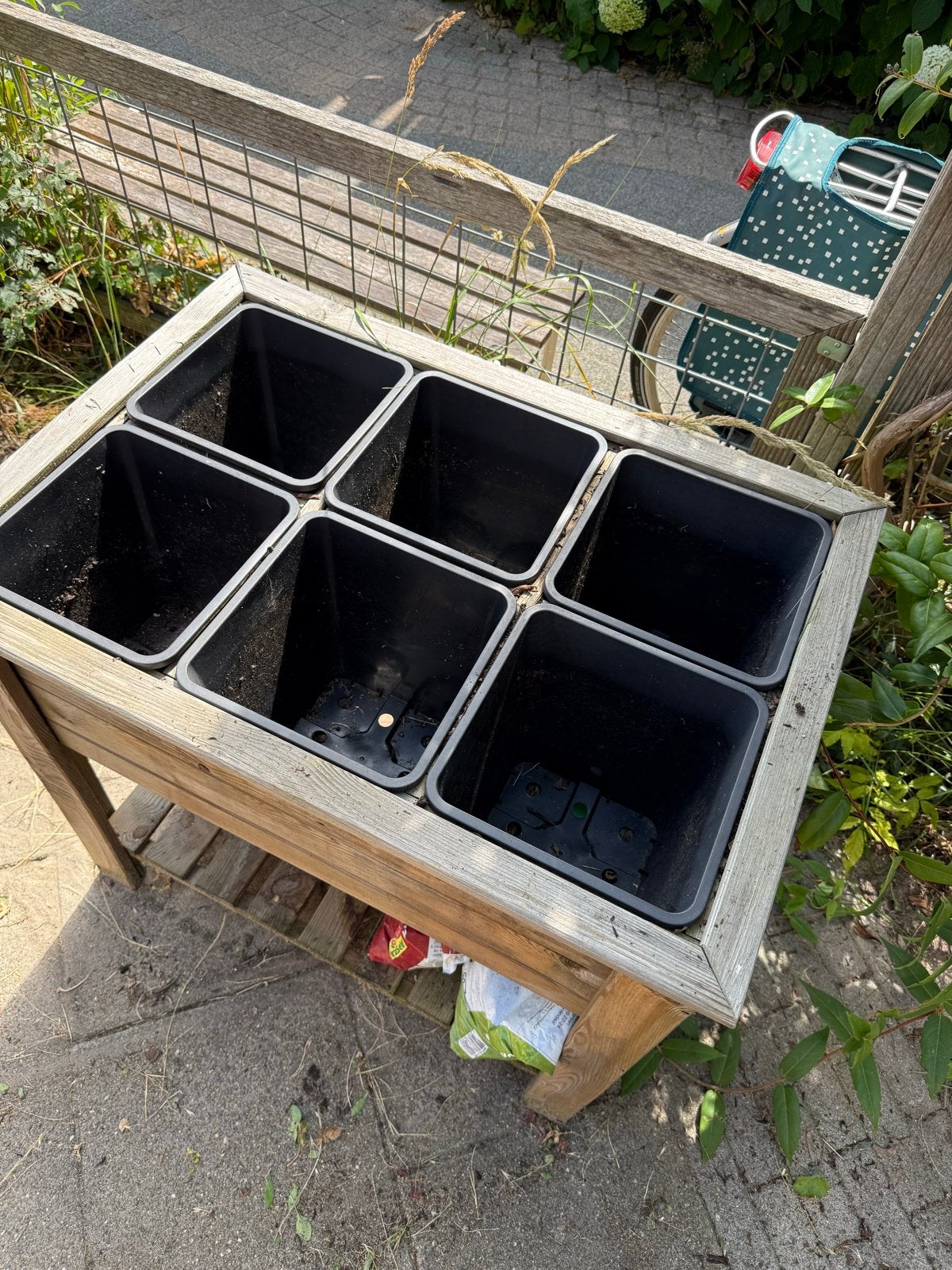 Houten plantenbak met 6 losse potten, Ophalen, Gebruikt, Binnen, 60 tot 100 cm