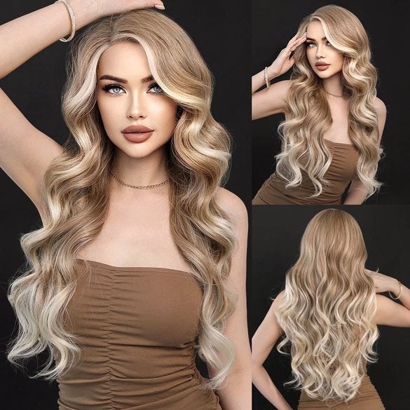 Swiss lace front pruik roomblond lang krullend haar Yente, Ophalen of Verzenden, Nieuw, Pruik of Haarverlenging