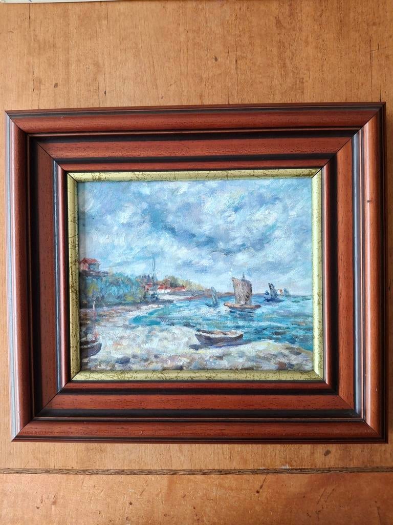 Olieverfschilderij: Havenlandschap met boten, Ophalen of Verzenden