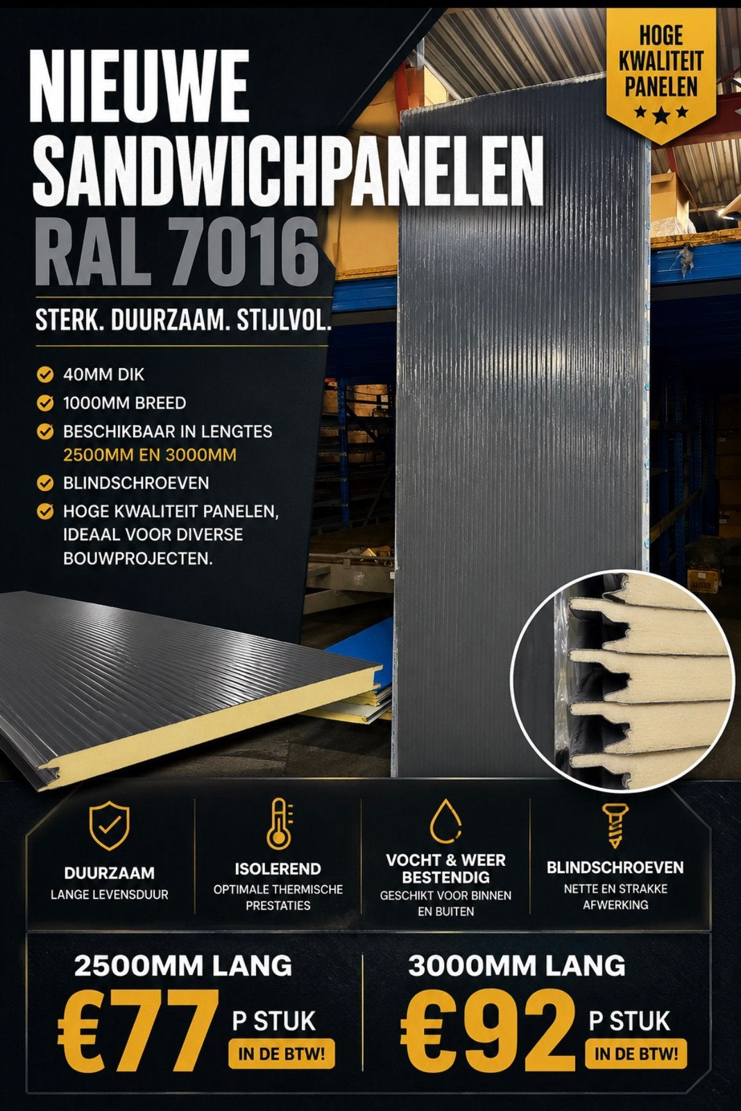 Nieuwe Sandwichpanelen RAL 7016 - 40mm dik, Ophalen, Nieuw, Overige materialen, 20 tot 50 mm