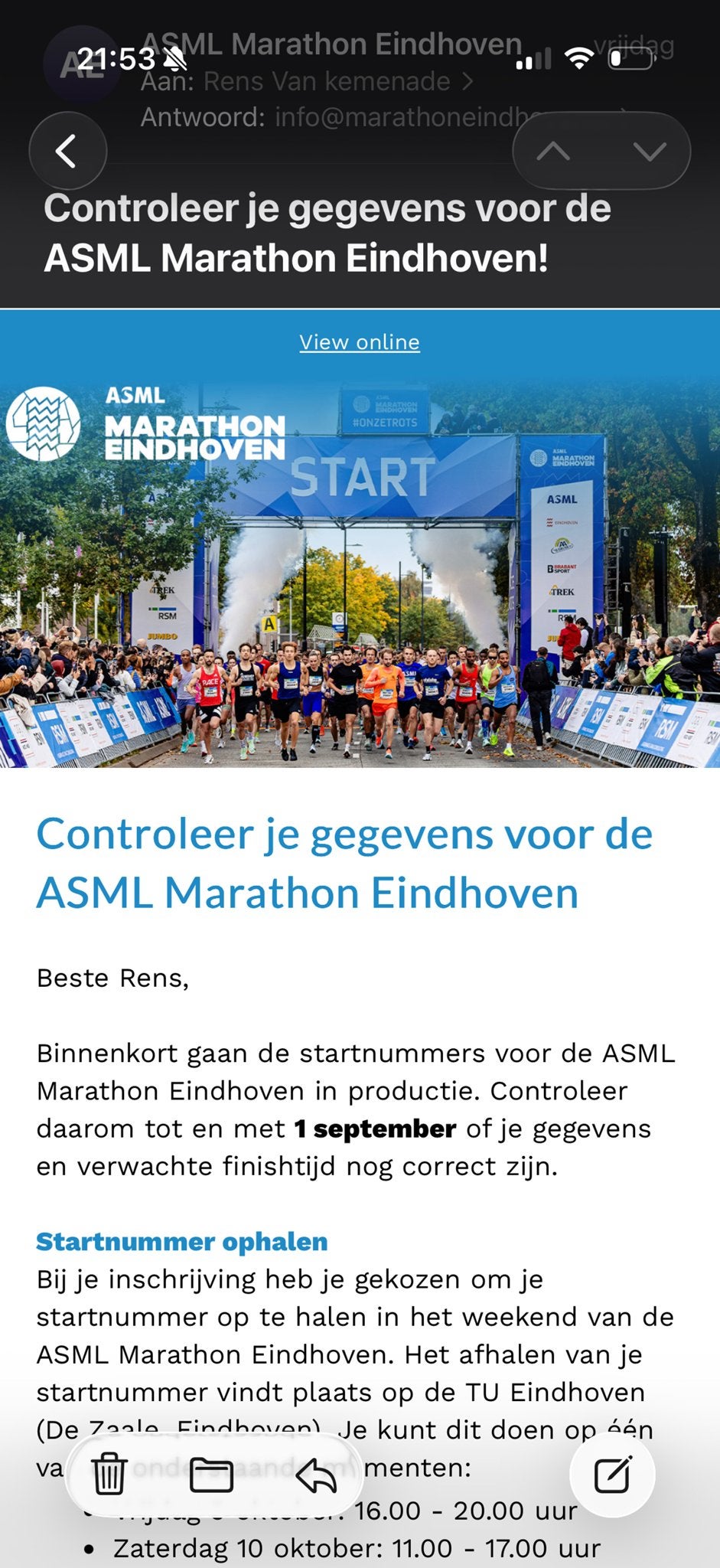 Ruilen startbewijs hele voor halve marathon Eindhoven,, Eén persoon