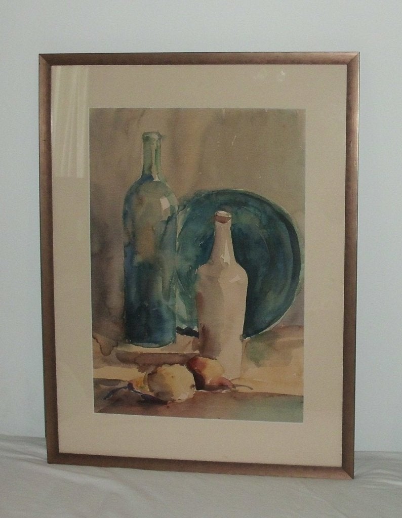 Aquarel  met flessen en bord en fruit ., Antiek en Kunst, Achter glas, Realistisch, Stilleven, Ophalen of Verzenden