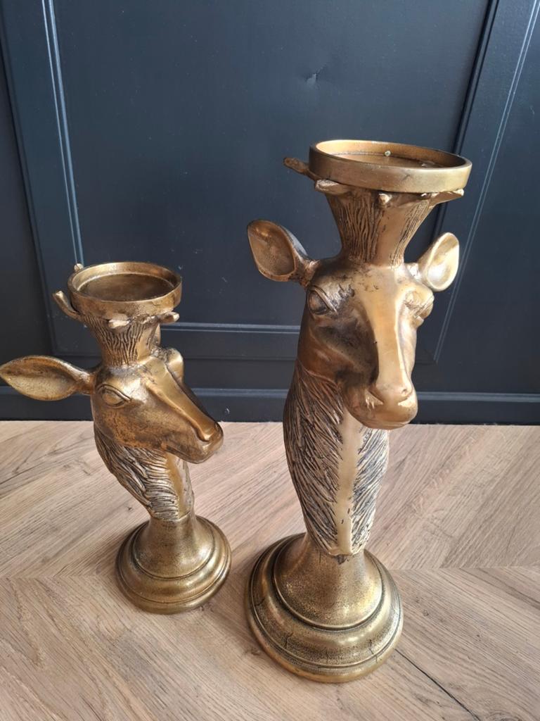 Set van 2 gouden hert kandelaars - decoratief, Ophalen, Zo goed als nieuw, Metaal, Kandelaar