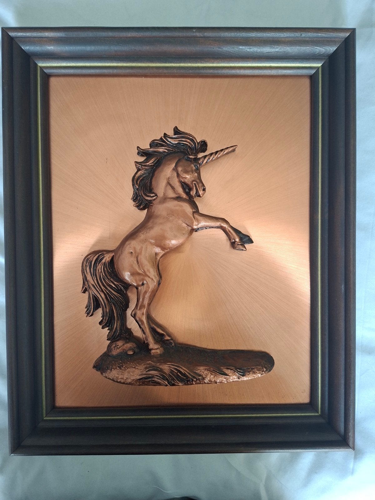 Unicorn wanddecoratie, koperkleurig, 35x42 cm, Overige onderwerpen, Ophalen of Verzenden, Handgemaakt, Wanddecoratie