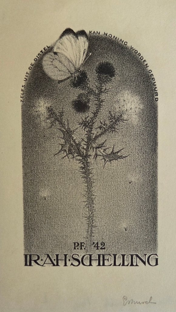 Exlibris /Gel.graf E. Musch, 1941, vlinder (witje) op distel, Verzenden