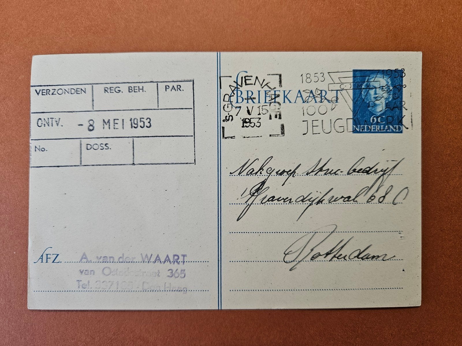 92) briefkaart 1953, Postzegels en Munten, Ophalen of Verzenden, Briefkaart