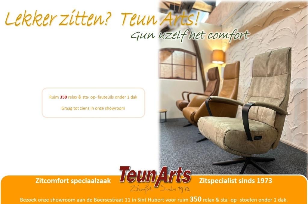 Teun Arts - Relaxstoelen - Sta- op stoelen, 350 onder 1 dak!, Overige kleuren, Nieuw, Ophalen of Verzenden, Vijf, Zes of meer stoelen