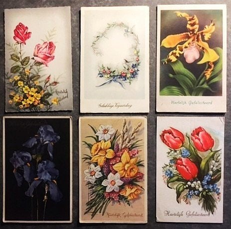 Ansichtkaarten Vintage Hartelijk Gefeliciteerd Bloemen, Ophalen of Verzenden, 1940 tot 1960, Gelopen, Feest(dag)