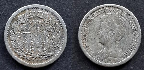 25 cent 1915 Wilhelmina zilver, Postzegels en Munten, Munten | Nederland, Verzenden, Koningin Wilhelmina, 25 cent, Zilver