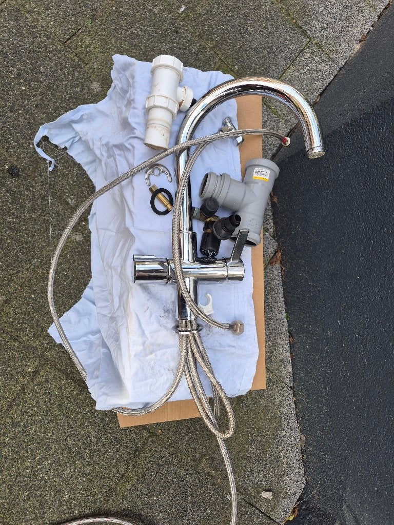 Verchroomde driewegkeukenkraan, Grohe, driewegmengkraan, Ophalen, Gebruikt, Chroom, Kraan