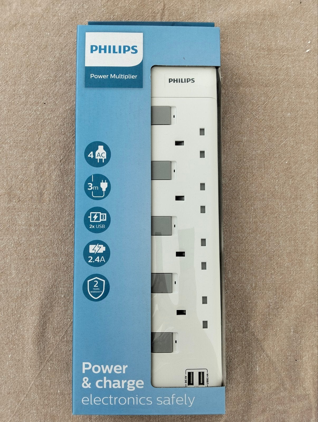 Philips Power Multiplier - 4 stopcontacten 2 USB, UK-stekker, Ophalen of Verzenden, Nieuw