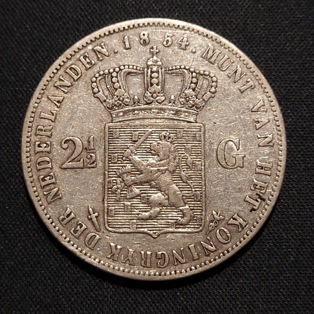 2 1/2 gulden 1854, Koning Willem III, Verzenden, Zilver, Losse munt