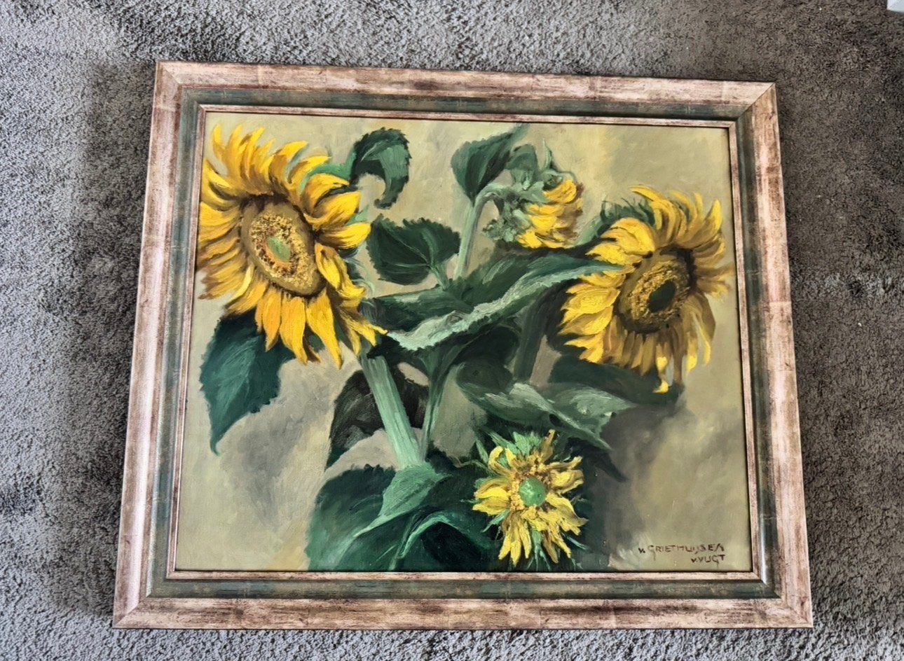 Olieverfschilderij Zonnebloem stilleven in houten lijst, Doek, Realistisch, Gesigneerd, Olieverf