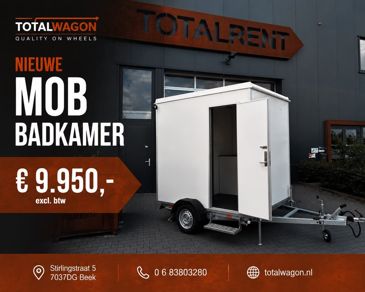 Te koop nieuwe mobiele badkamer douchewagen uit voorraad, Ophalen, Totslwagon, Info@totalwagon.nl, Stiflingstraat 5. 7037 DG Beek