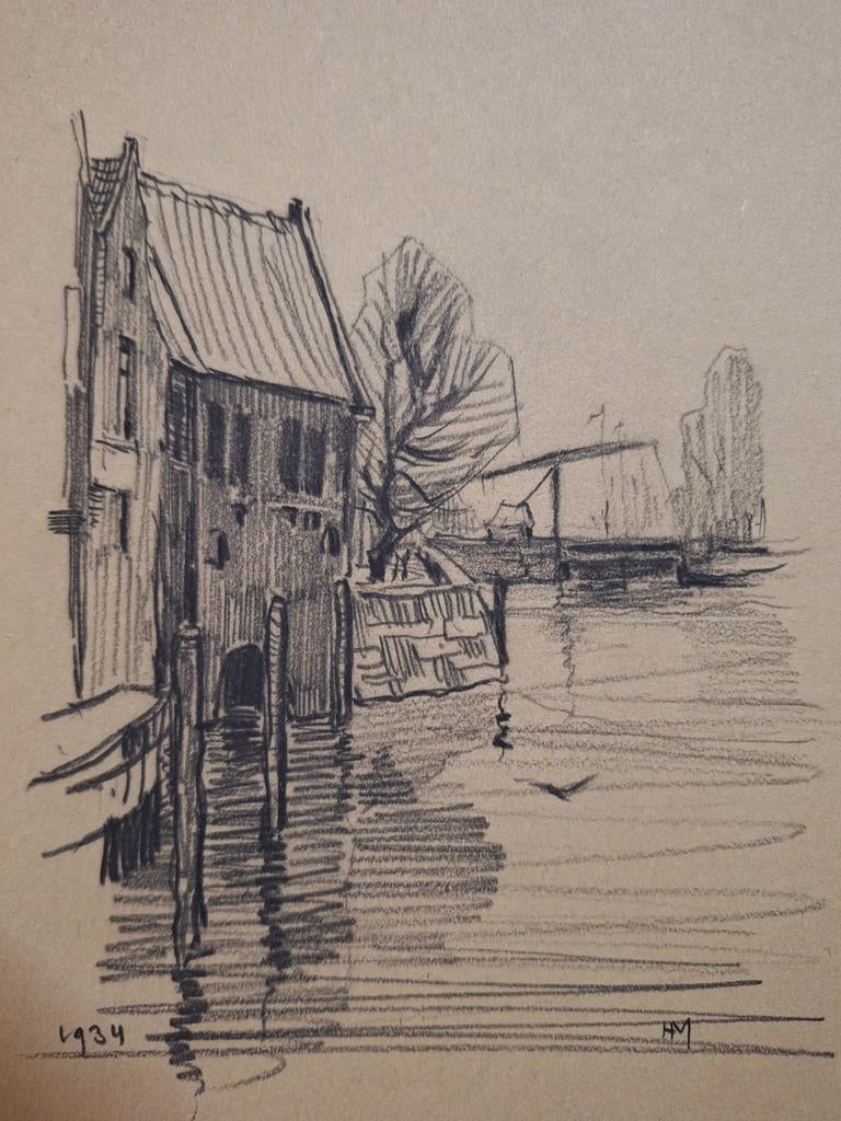 Tekening Delfshaven door H.J. Marches (1934), Antiek en Kunst, Ophalen of Verzenden