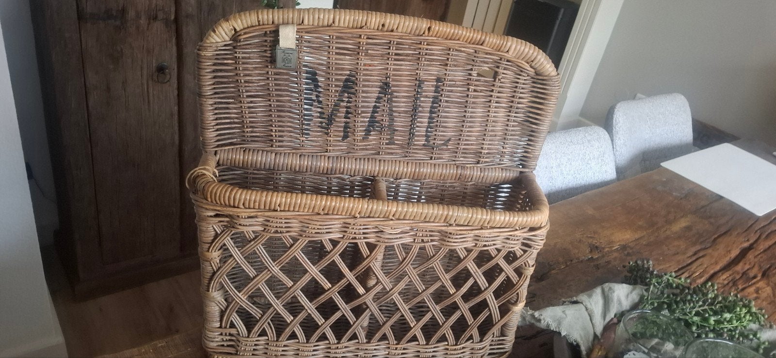 Vintage rieten mand met 'MAIL' opdruk, Ophalen of Verzenden