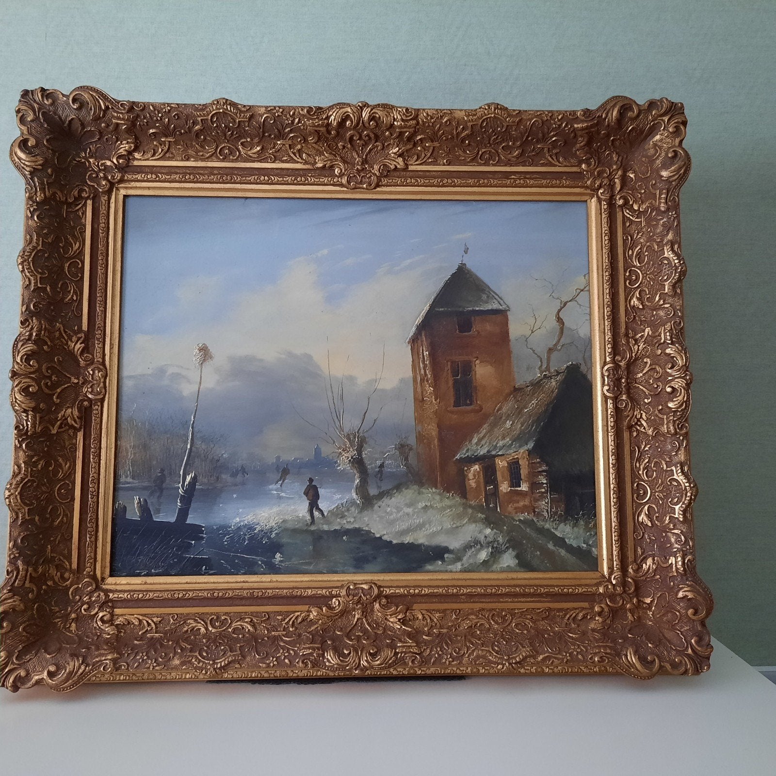 Antiek schilderij winterlandschap schaatsers. Op paneel, Ophalen, Handgeschilderd, Paneel