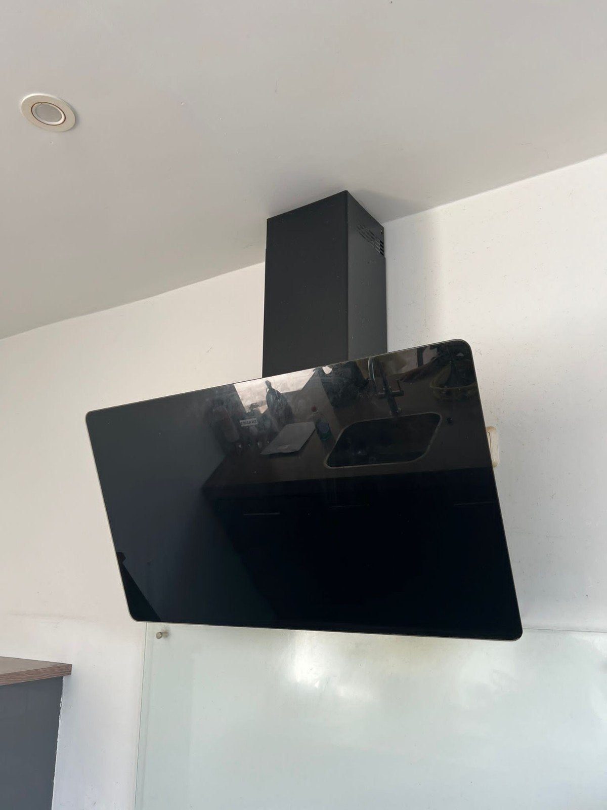 Franke wandschouw zwart glas afzuigkap, gebruikt., Ophalen, Gebruikt, 200 tot 400 m³ per uur, Wandschouwkap
