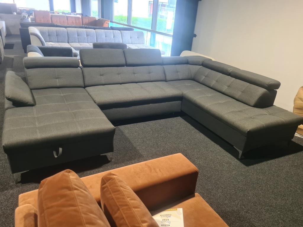 Nieuwe mega U-bank met bed en opberg grijs structuurstof, Ophalen of Verzenden, Nieuw, 150 cm of meer, Vierpersoons of meer