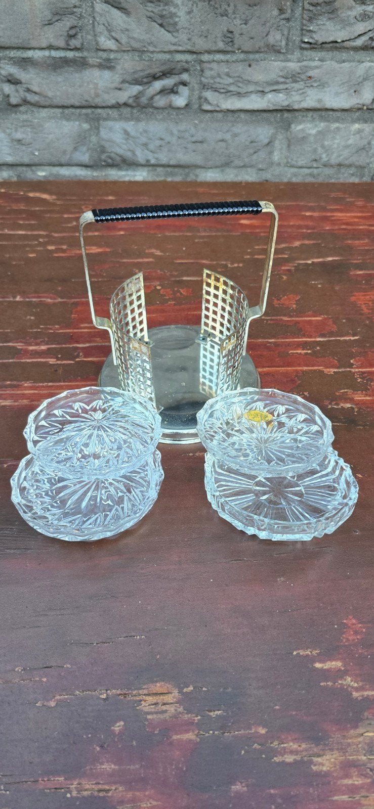 Vintage Kristallen Onderzetters met Houder - 6 Stuks, Antiek en Kunst, Ophalen of Verzenden