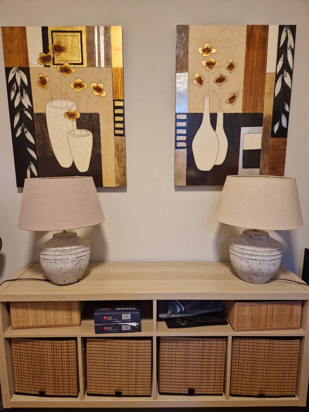 Set van 2 Schemerlampen - Beige/Wit, Gebruikt, Gebruikt, Textiel, Met kap, E27 (groot)