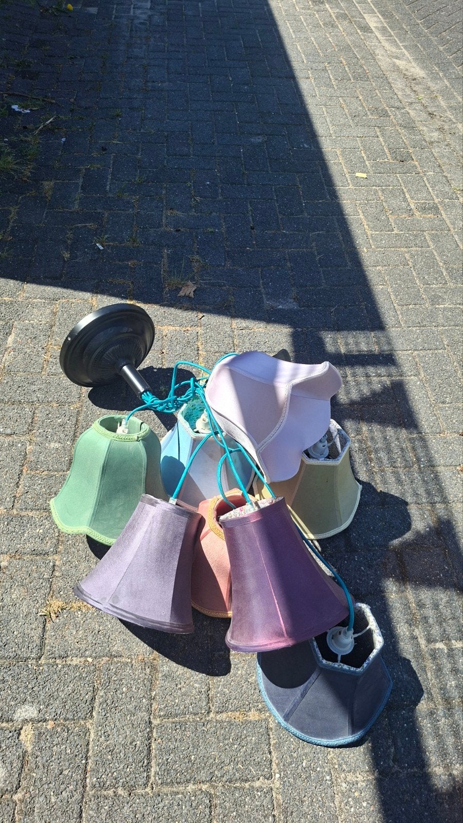 Unieke hanglamp met 9 gekleurde stoffen kappen, Ophalen, Bohemian, Overige merken, Gebruikt