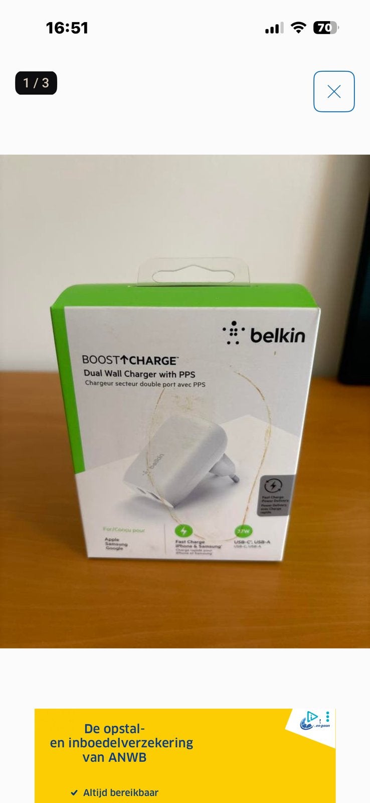Belkin usb lader type A + C charger, Telecommunicatie, Ophalen of Verzenden, Zo goed als nieuw