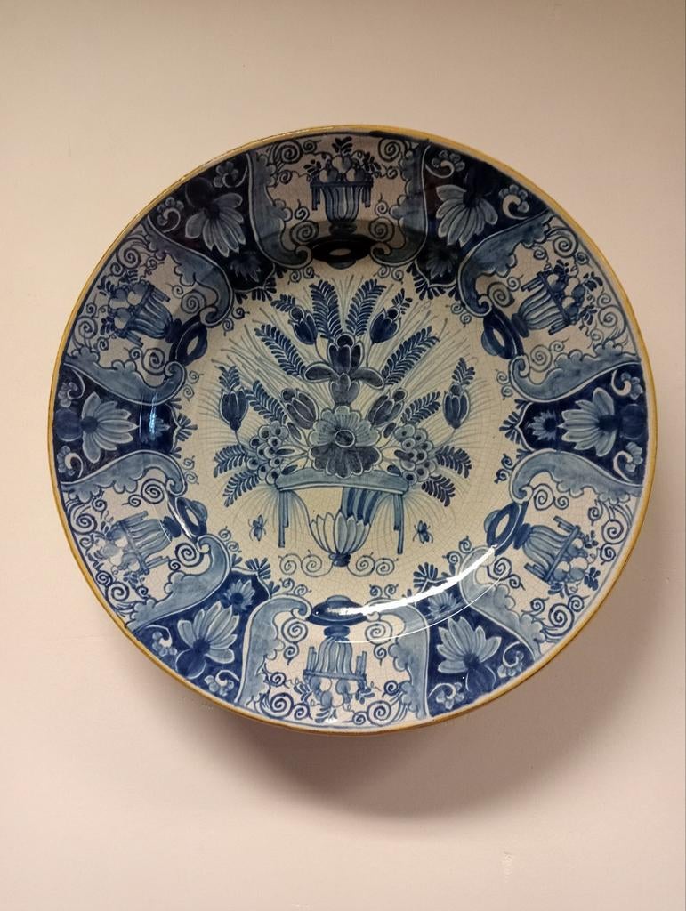 Antiek Groot Delfts Blauw Schotel met Bloemmotief, Ophalen of Verzenden