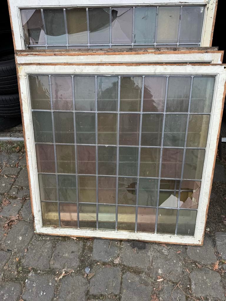 Houten schuiframen met glas in lood (diverse maten), Ophalen, Gevelraam of Ruit, Gebruikt, Glas in lood