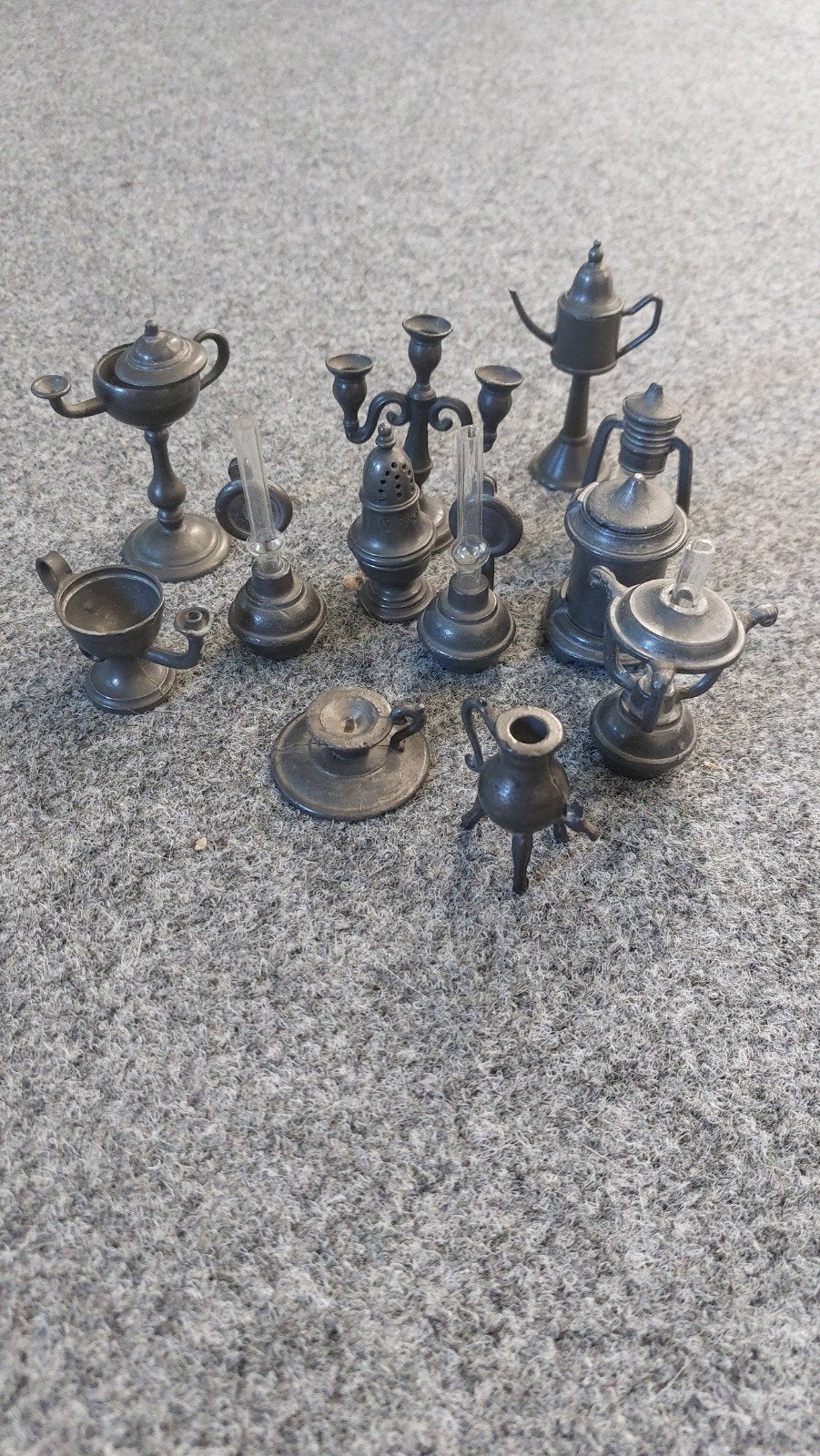 Miniatuur tinnen theeservies en olielampen set, Antiek en Kunst, Ophalen of Verzenden