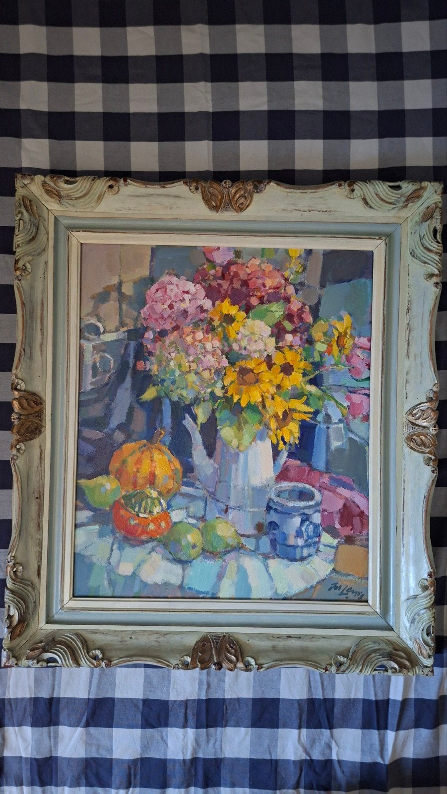 Jos Leurs stilleven met bloemen en pompoenen, 50x60 cm, Ophalen, Doek, Stilleven, Impressionistisch