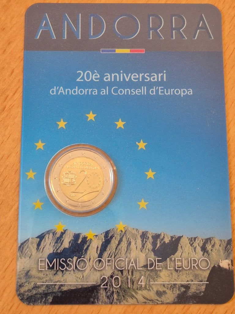 Andorra 2 Euro 2014 "20th Ann. Council op Europe" Coincard, Postzegels en Munten, Munten | Europa | Euromunten, Ophalen of Verzenden