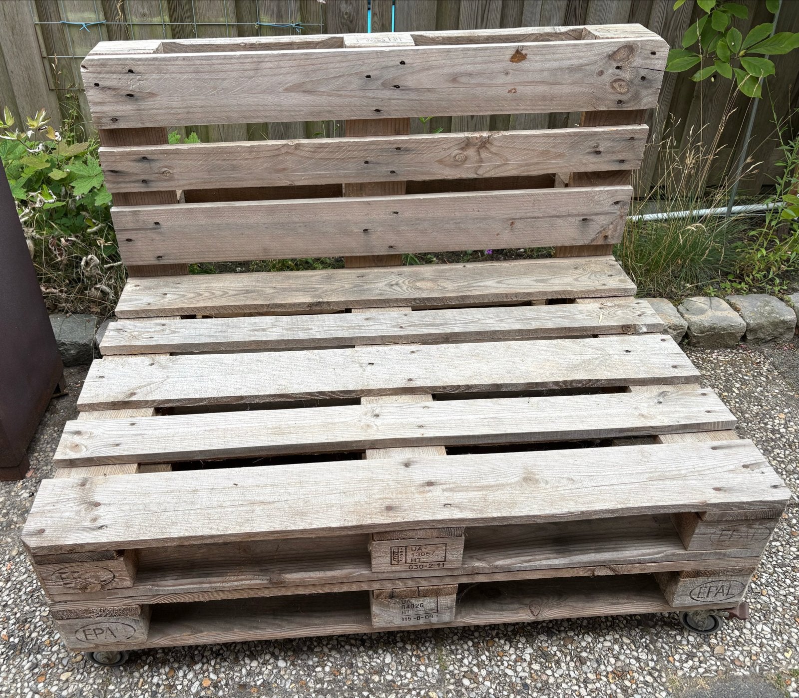 2x Europallet loungebank met wieltjes, Ophalen, Gebruikt, 150 tot 200 cm, Tweepersoons