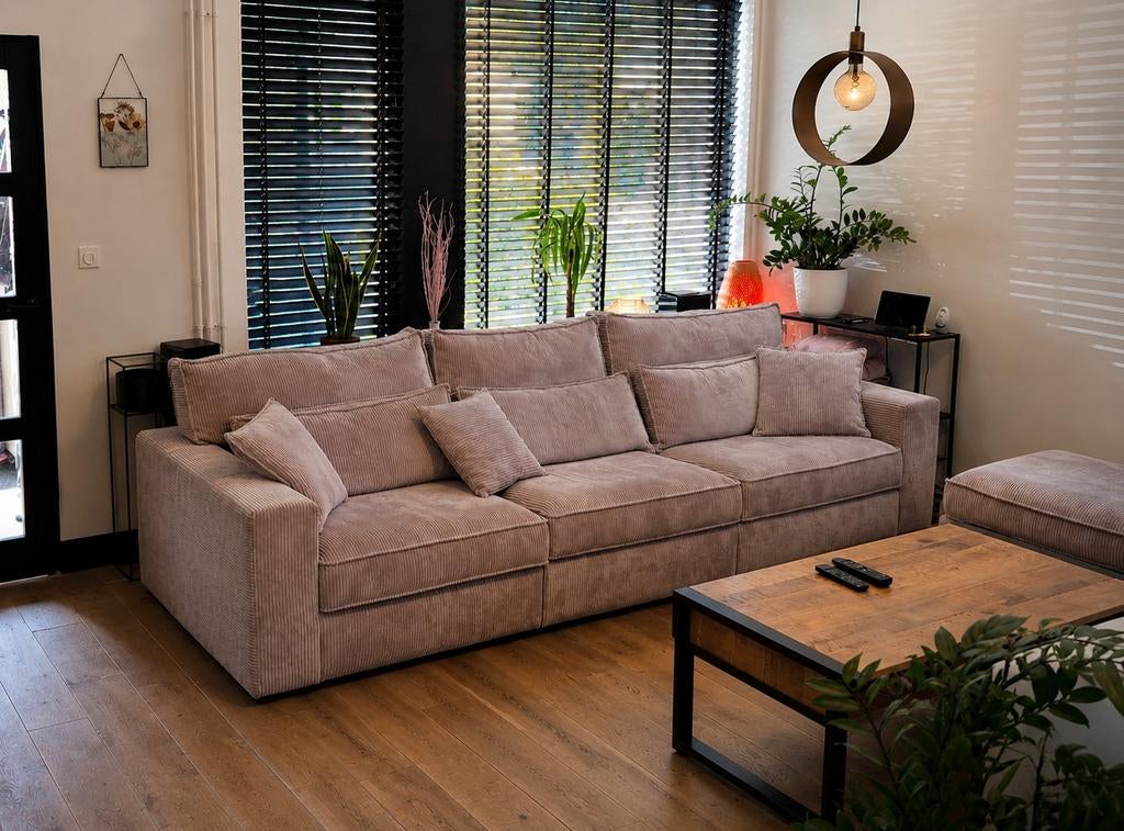 Inhouse Famanti 4,5-zits bank + hocker ribstof, Huis en Inrichting, Ophalen, 100 tot 125 cm, 300 cm of meer, Zo goed als nieuw