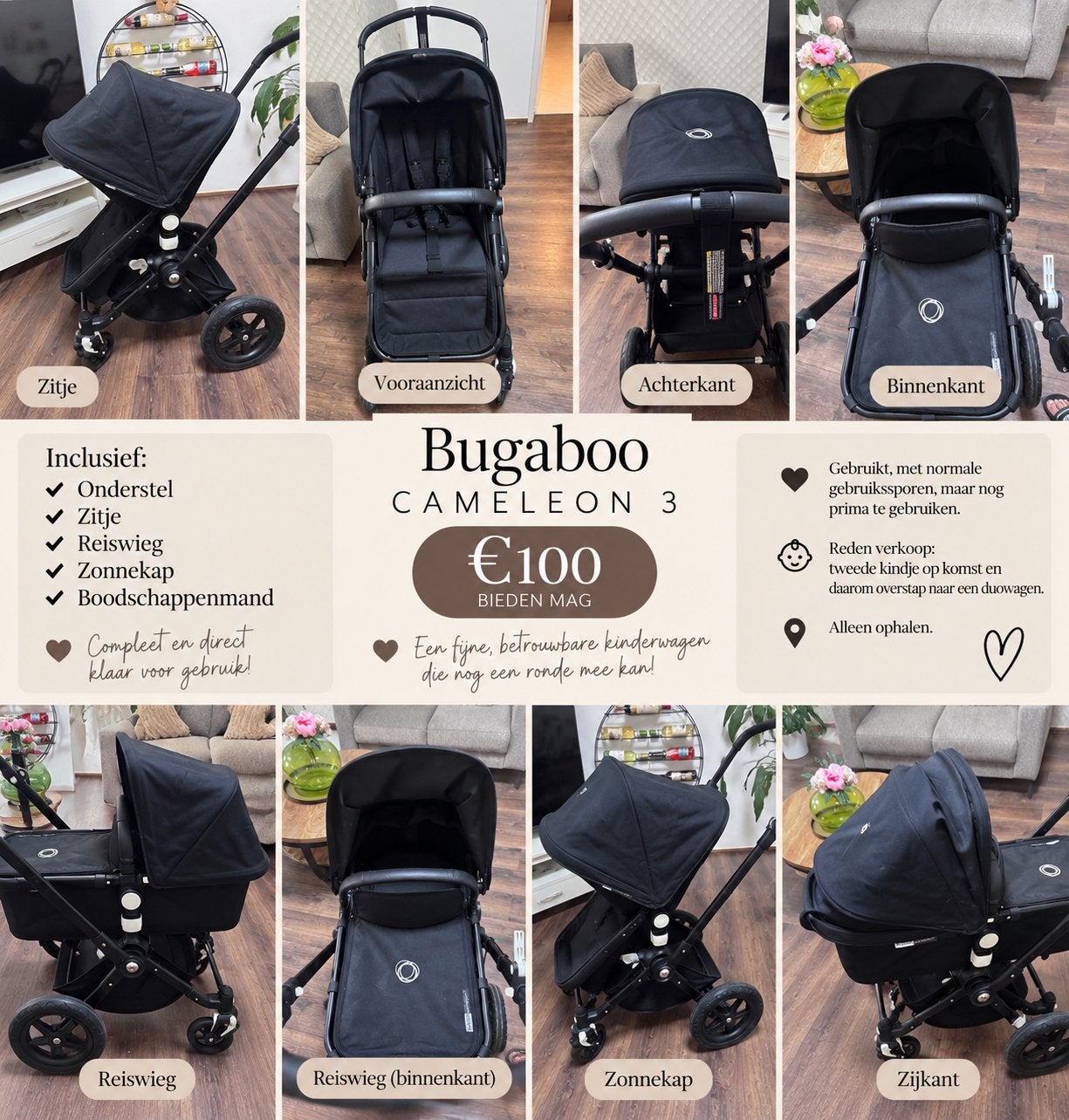 Bugaboo Cameleon 3 – zwart – €100, Bugaboo, Zo goed als nieuw, Verstelbare duwstang, Ophalen