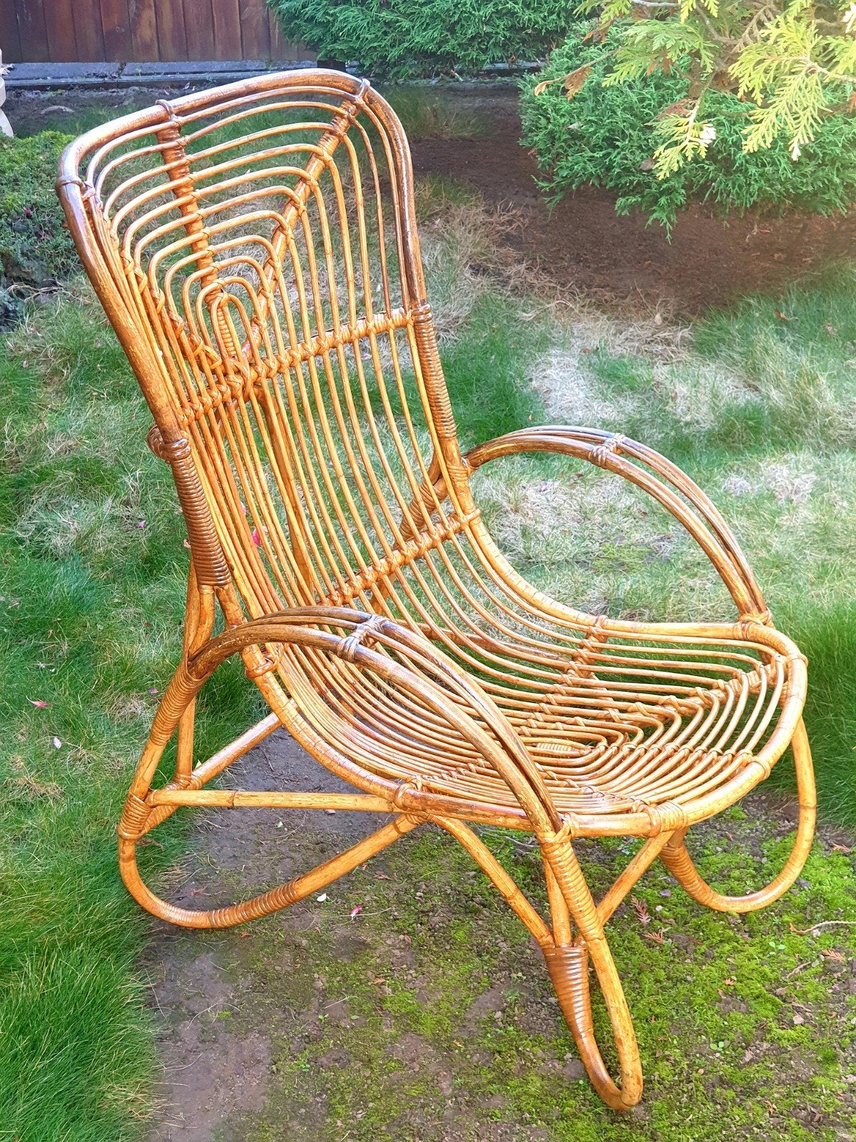 Bijzondere Vintage Rotan Half-hoge Rohé Fauteuil 50/60, Huis en Inrichting, Fauteuils, Ophalen, Gebruikt, Minder dan 75 cm, 50 tot 75 cm