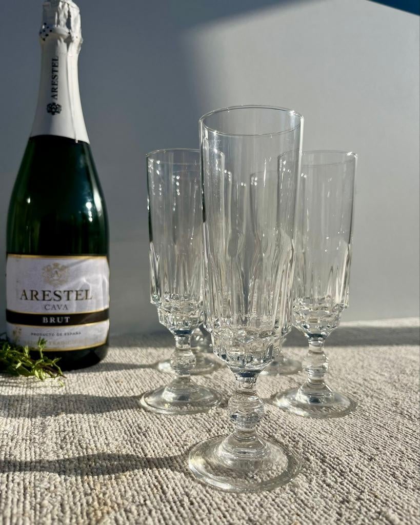 Set van 6 champagneglazen Luminarc sierlijke voet, Gebruikt, Overige typen, Ophalen of Verzenden, X