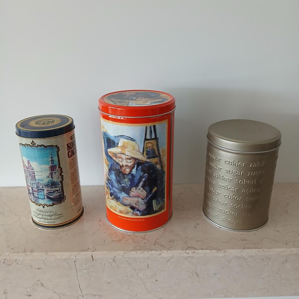 Set van 3 Vintage Blikken: Koffie, Kunst & Suiker, Verzamelen, Ophalen of Verzenden