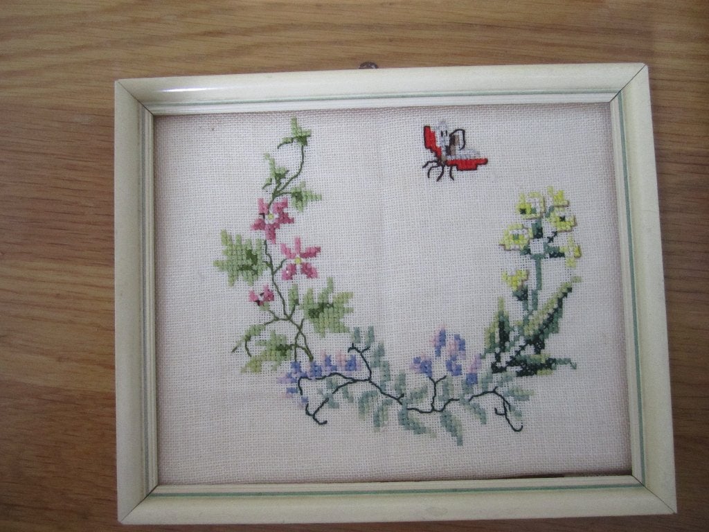 handgeborduurd schilderijtje in houten lijst, Antiek en Kunst, Ophalen of Verzenden