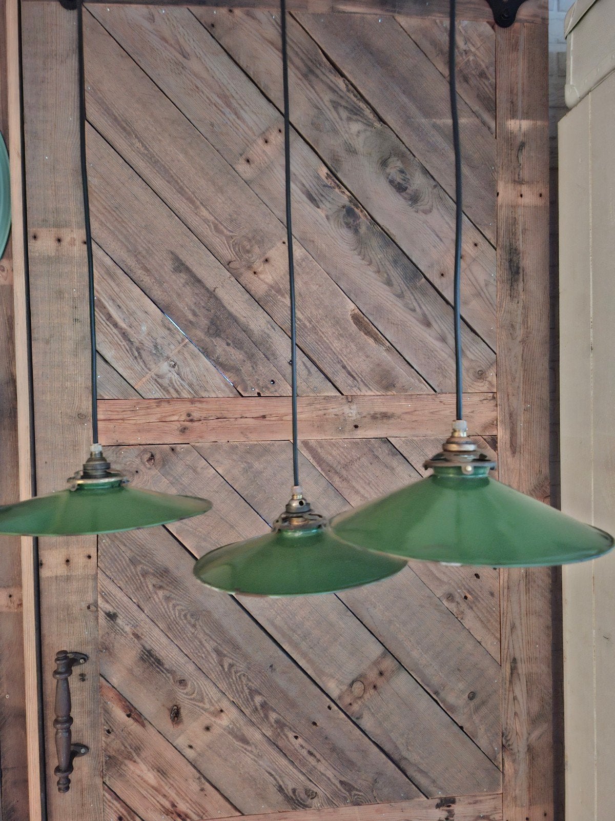 Groene emaille franse schotel lampen , vintage hanglampen, Ophalen of Verzenden