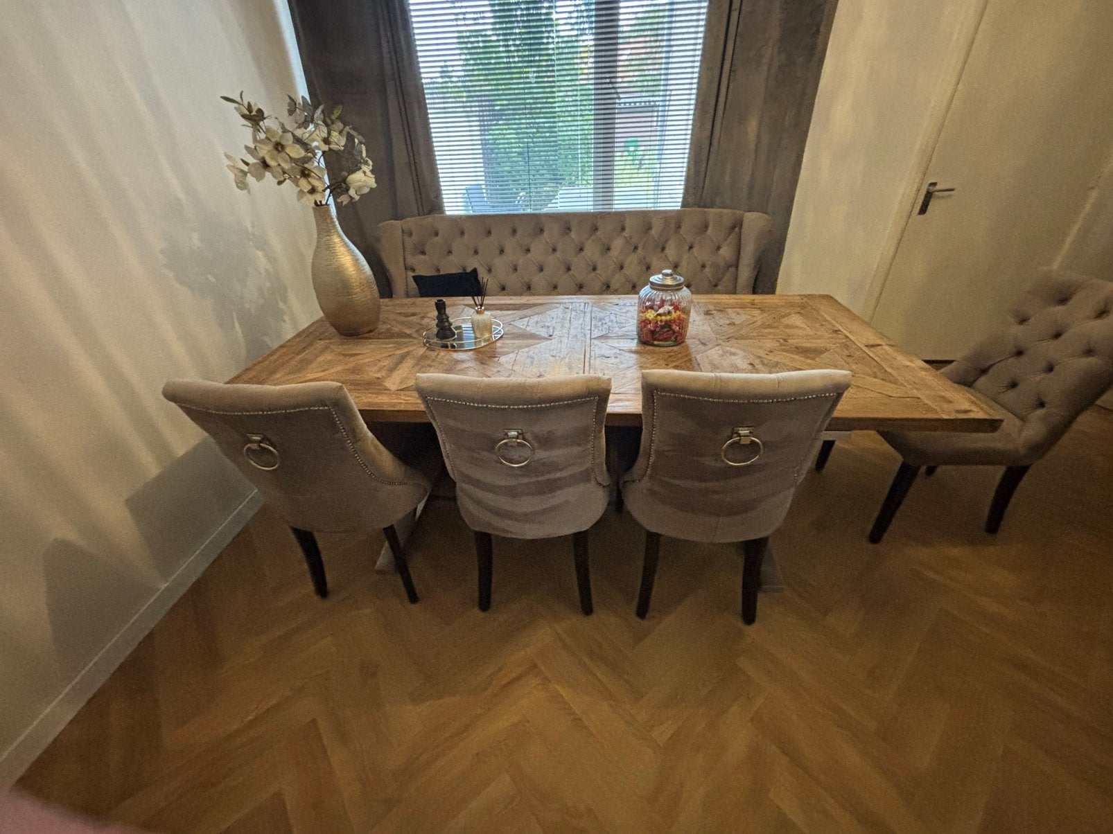 Eetkamer set met bank, Ophalen, Gebruikt, Erik kusterstyle, 4 tot 6 stoelen