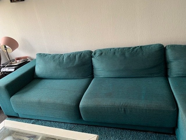 Blauwe hoekbank met loungegedeelte gratis af te halen, Ophalen, Gebruikt, Hoekbank, Stof
