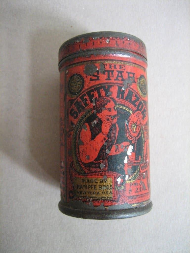 Antiek blikje met opvouwbaar scheermes Star safety razor, Ophalen of Verzenden