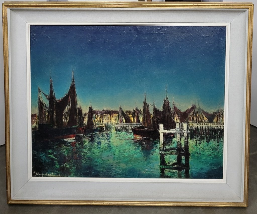 Jan VAN CAMPENHOUT, havengezicht bij avond, Ophalen, Maritiem / water, Doek, Impressionistisch