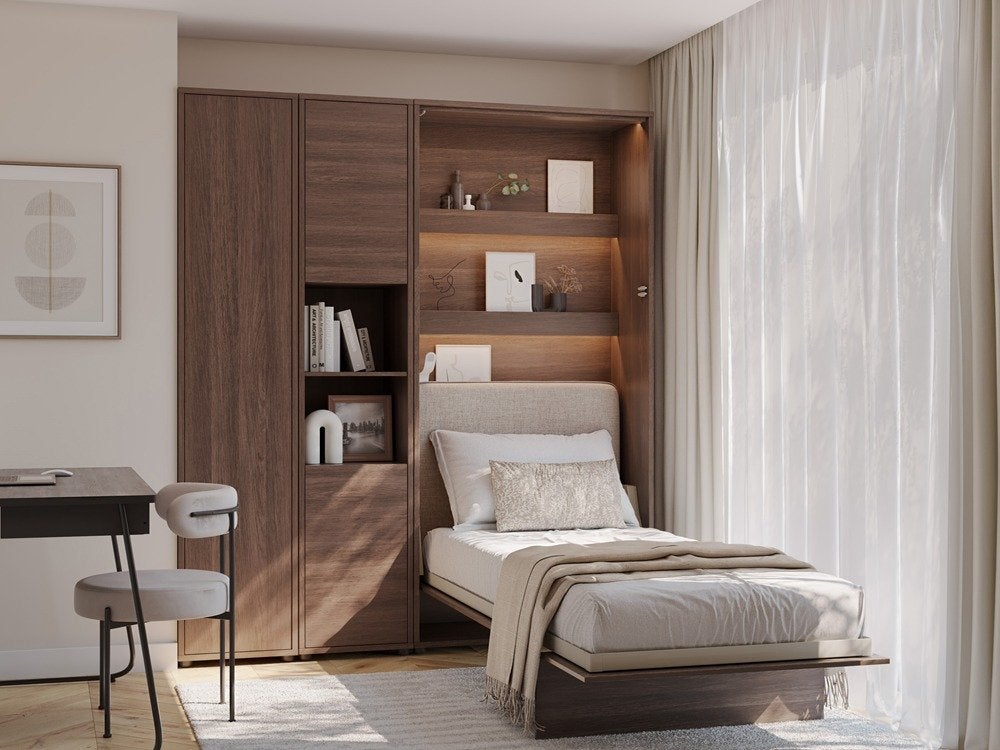Concept opklapbed verticaal - 90x200 - Walnoot, Niet ingevuld, Niet ingevuld, Niet ingevuld