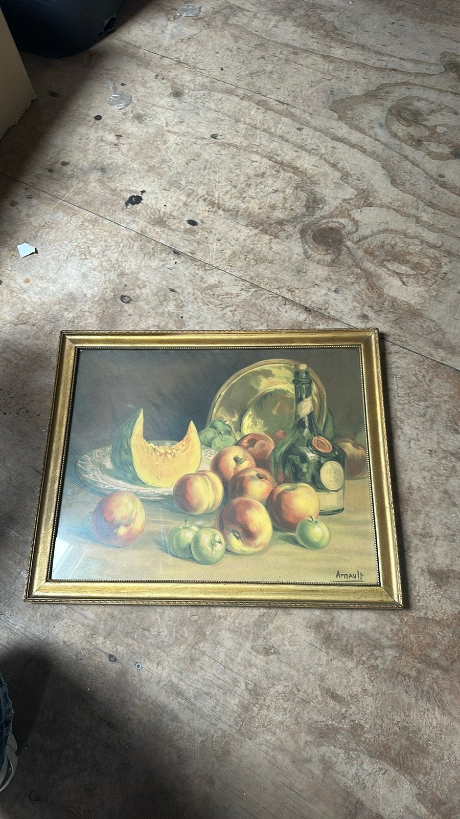 Stilleven met fruit en fles, gesigneerd Arnvalt, Antiek en Kunst, Kunst | Schilderijen | Klassiek, Ophalen, Stilleven, Gesigneerd