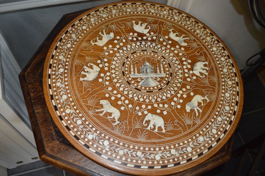 prachtige Antieke Indiase olifant Bijzettafel met Inlegwerk, Ophalen of Verzenden