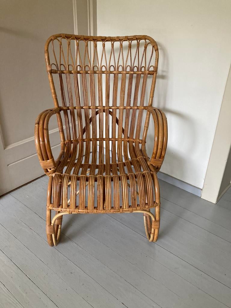 Vintage Jaren '60 Rotan Dirk van Sliedrecht Belse 8 Fauteuil, Ophalen, Vintage Design Klassieker, Minder dan 75 cm, Riet of Rotan