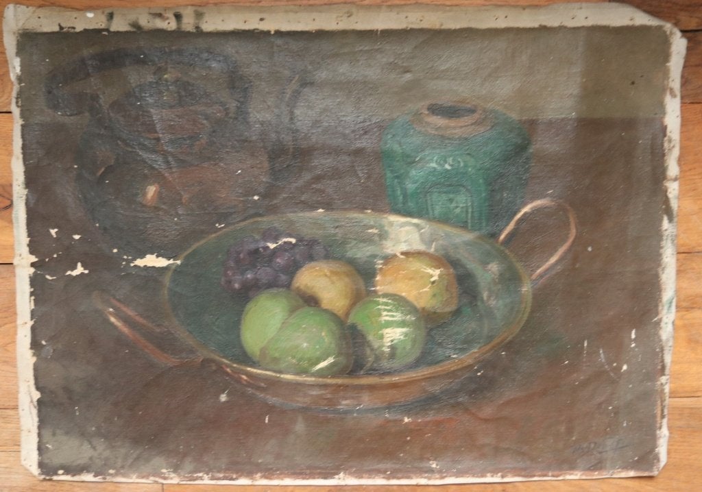 Stilleven gemberpot, koperen schaal en fruit - olieverf, Ophalen, Doek, Realistisch, Stilleven