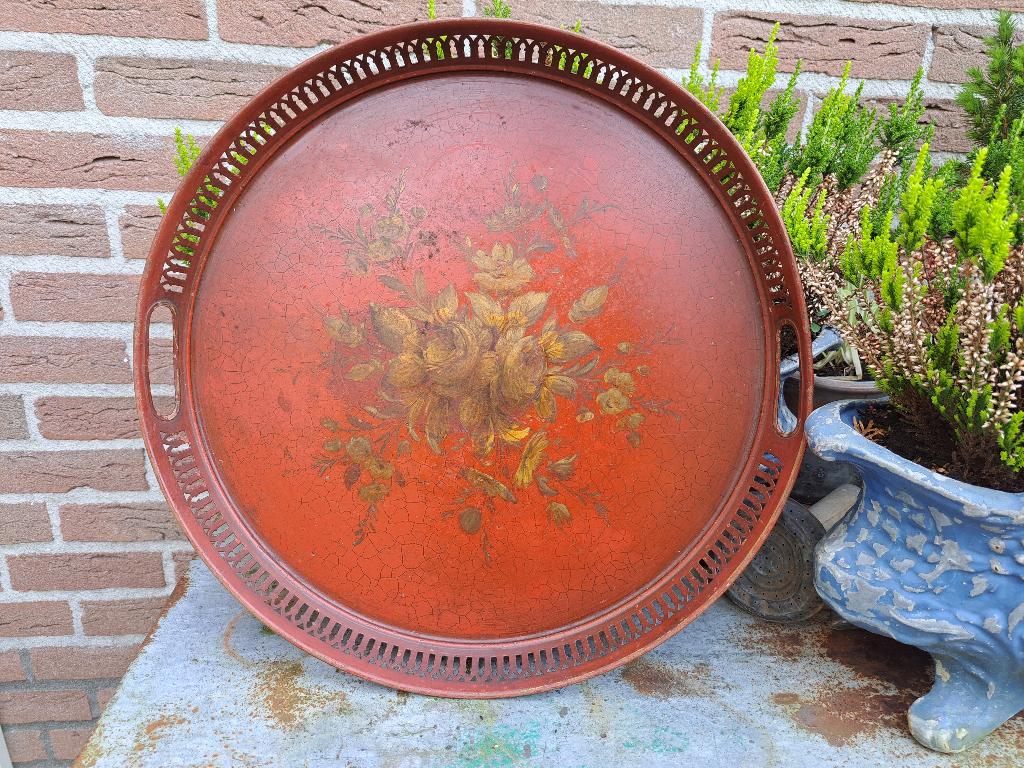 Vintage Tole Painted Dienblad, Ophalen of Verzenden, Gebruikt, Rond, Metaal